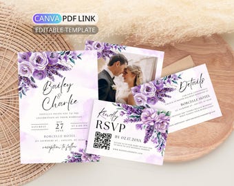 Lavender Wedding Invitation Suite Template: Purple Floral Wedding Invite Set with Photo Printable Lilac Wedding Invite Bundle RSVP Editable