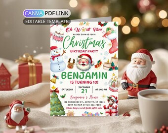 May include: A Christmas-themed birthday party invitation with festive illustrations. The invitation features a snowman, Santa Claus, and a Christmas tree. Text includes "Christmas Birthday Party" and "Benjamin is turning 10!"