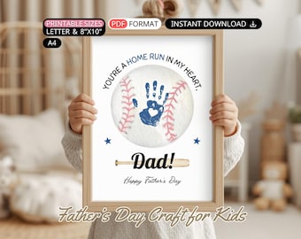 Baseball Fathers Day Handprint Craft DIY Toddler Gift for Dad Handprint Art Kid Printable Preschool Activity, Sports Themed Baby Keepsake