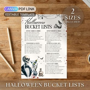 May include: A printable Halloween bucket list template featuring a skeleton in a tuxedo holding a martini, a skull with a crow, and red ink splatters. The text includes categories like Spooky Drinks, Entertainment, Atmosphere, and Fall Vibes.