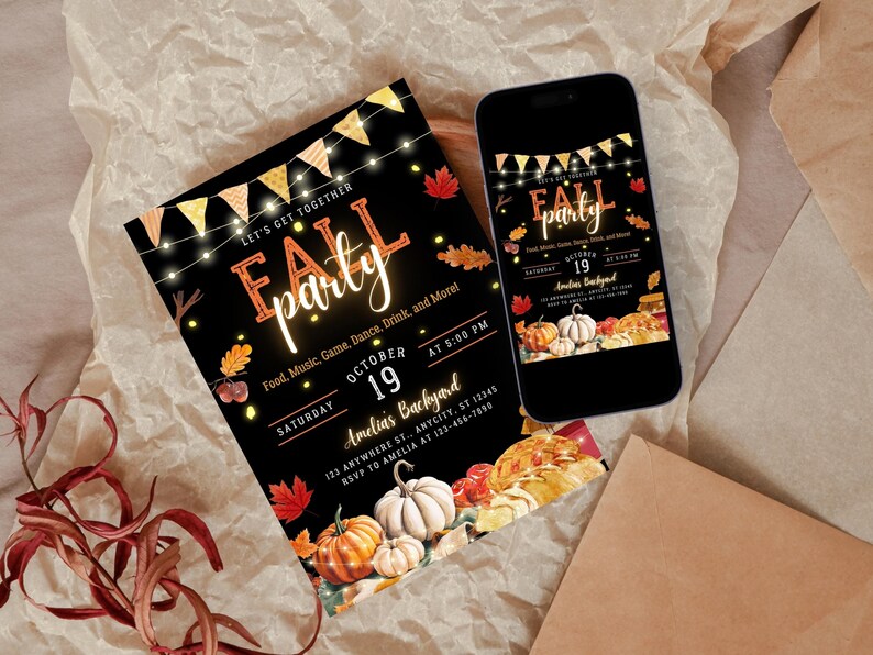 Fall Party Invitation Template Editable Autumn Festival Invite for Family Pumpkin Block Party Canva Digital Fall Invite for Friend