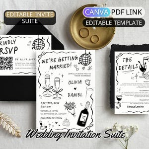 Handgezeichnete Hochzeitseinladungs-Vorlage Canva Illustrierte Hochzeitseinladungs-Set Handgeschriebene Hochzeitseinladungs-Bundle QR-Code Sprechblase Bearbeitbar
