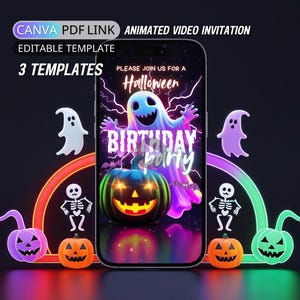 Neon Halloween Birthday Invitation Video Editable Spooky Costume Party Invite Kid Halloween Animated Digital Canva Template