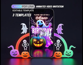 Op de afbeelding: Een digitale Halloween-verjaardagsfeestuitnodiging op een smartphonescherm. Het ontwerp toont een spook, pompoenen, skeletten en de tekst "Halloween Birthday Party". De woorden "CANVA PDF LINK" en "EDITABLE TEMPLATE" zijn ook zichtbaar.