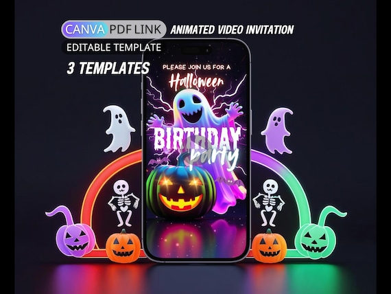 Neon Halloween Birthday Invitation Video Template Editable Spooky Halloween Party Invite Kid Halloween Costume Party Invite Digital Animated
