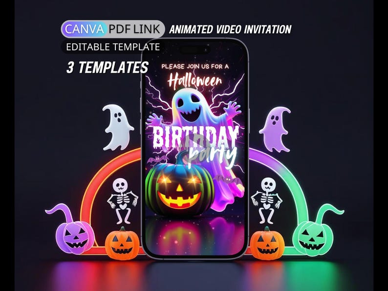 Neon Halloween Birthday Invitation Video Editable Spooky Costume Party Invite Kid Halloween Animated Digital Canva Template