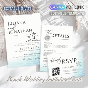 Modello di invito per matrimonio sulla spiaggia, set di inviti per matrimonio minimalista, pacchetto di inviti per matrimonio semplice e moderno, codice QR digitale, scheda RSVP modificabile
