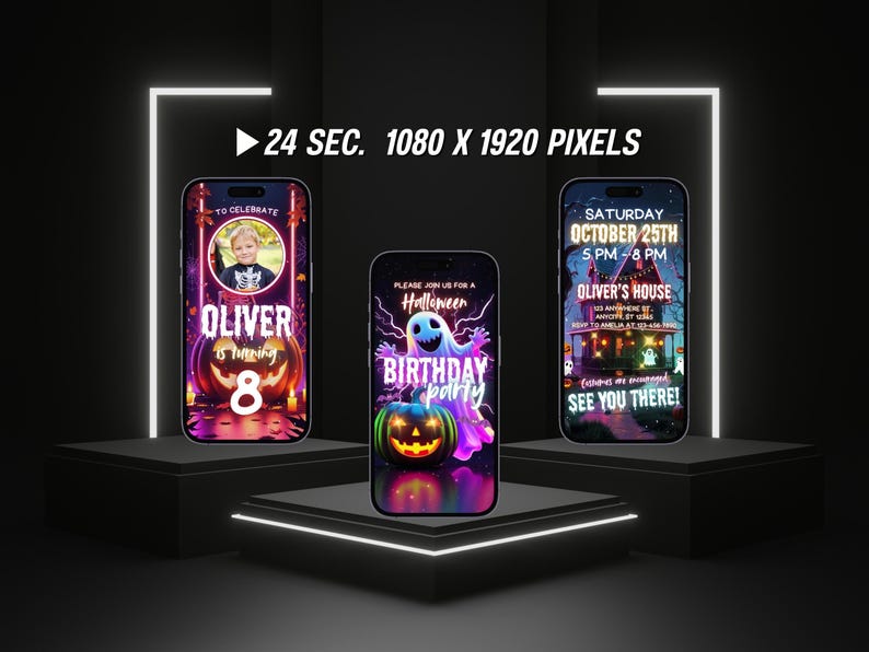 Animated Neon Halloween Birthday Invitation Video Editable Spooky Costume Party Invite Kid Digital Halloween Canva Template