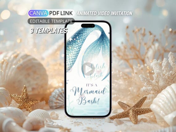 Animated Mermaid Birthday Invitation Video: Mermaid Tail Birthday Party Invite Digital Ocean Mermaid Pool Party Girl Editable Canva Template
