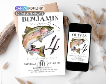 Trout Fishing Birthday Party Invitation: Fish Birthday Invite Boy Girl Digital The Big One Birthday Ofishally Four Birthday Invite Editable