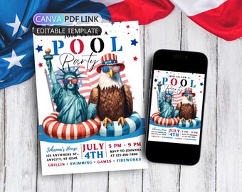 Modèle d'invitation à une fête à la piscine du 4 juillet, invitation à une fête d'été patriotique Canva, invitation numérique pour barbecue du 4 juillet, invitation à une fête à la baignade modifiable