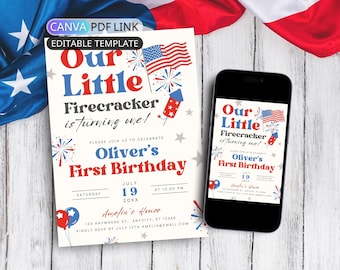 Little Firecracker 1st Birthday Invitation Template 4th of July Birthday Party Invite Boy Girl Patriotic 1st Birthday Invite Summer Editable