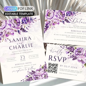 Ensemble de modèles de faire-part de mariage floral violet lilas ensemble d'invitations de mariage lavande Bundle détails carte RSVP Code QR modifiable