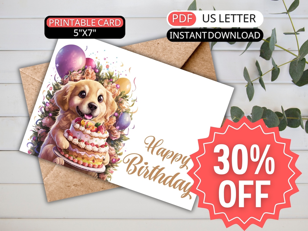 Watercolor Golden Retriever Birthday Card Her Printable Happy Birthday ...