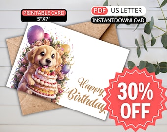 Watercolor Golden Retriever Birthday Card Her Printable Happy Birthday Card Daughter Cute Greeting Card Animal and Cake Birthday Mothers Day