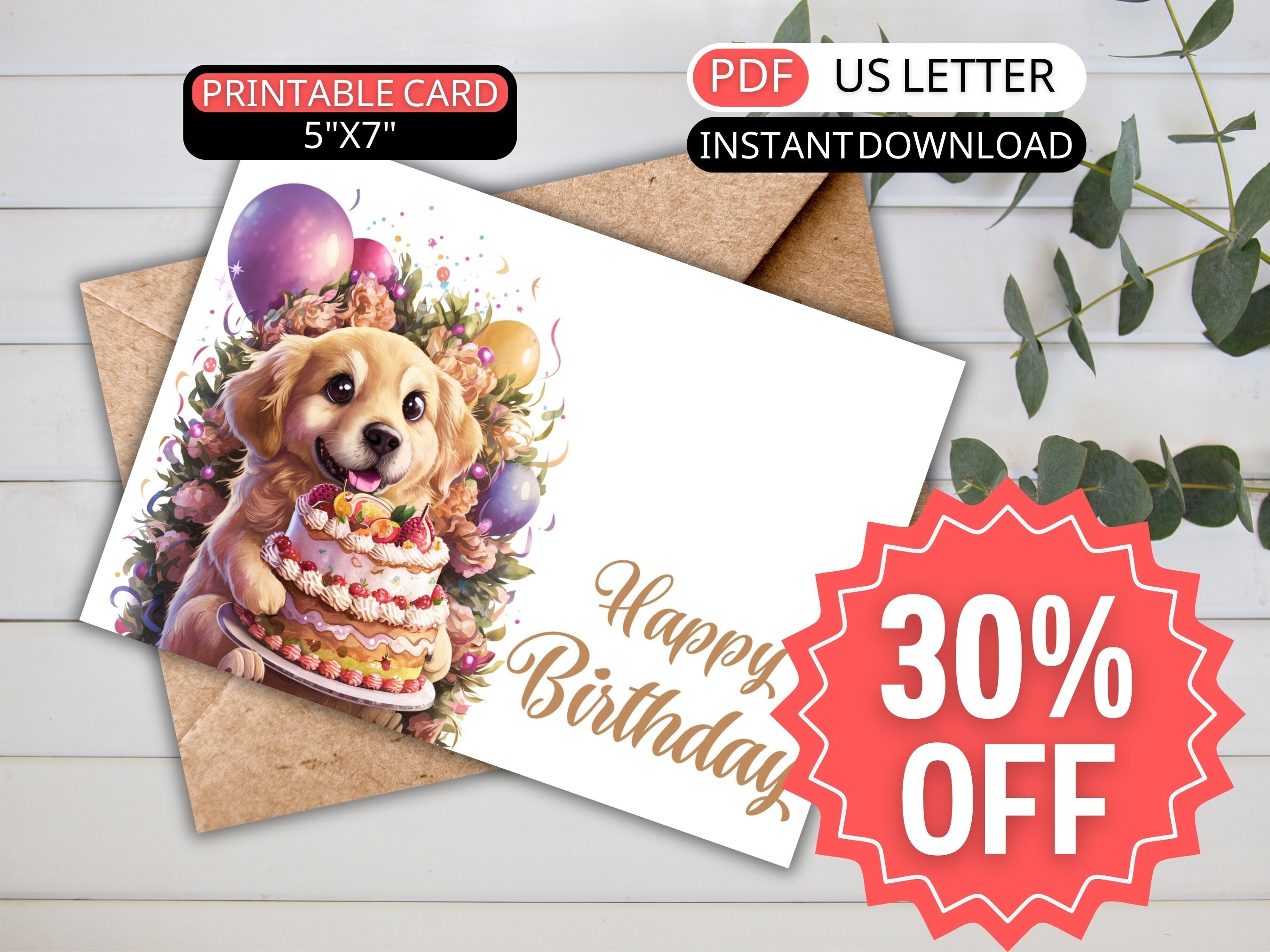 Watercolor Golden Retriever Birthday Card Her Printable Happy Birthday ...