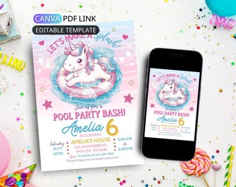 Faire-part de fête d'anniversaire de licorne au bord de la piscine, invitation de fête d'anniversaire de licorne pour enfant, invitation d'anniversaire numérique pour nager, fête d'anniversaire de piscine pour fille, été modifiable
