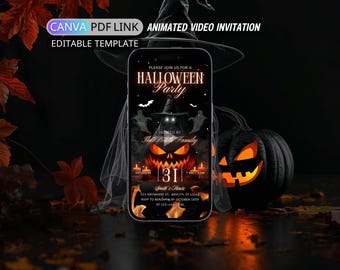 May include: A smartphone displays a Halloween party invitation with a carved pumpkin, ghosts, and bats. The invitation includes the text "Please join us for a Halloween Party" and event details. A black witch hat and pumpkin are in the background.