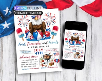 Modèle d'invitation à une fête à la piscine du 4 juillet, invitation barbecue du 4 juillet, invitation numérique pour la natation, barbecue d'été, invitation à une fête de famille, toile modifiable