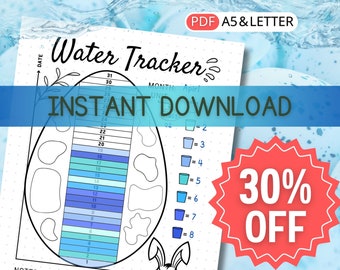 Easter-Themed Water Tracker Monthly Printable Health Habit Tracker Hydration Drinking Water Log Daily Water Bottle, 30 Day Journal Challenge