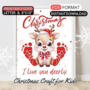 Christmas Footprint Art Kid Reindeer Footprint Craft DIYs Toddler Keepsakes Printable Preschool Activity Xmas Baby Footprint Art Decor Gift