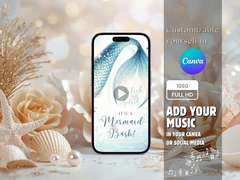 Elegant Mermaid Birthday Invitation Video | Animated Mermaid Tail Pool Party Invite for Girls | Editable Canva Digital Birthday Invite