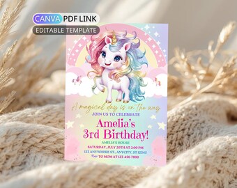 Pastel Rainbow Unicorn Birthday Party Invitation: Magical Unicorn Birthday Invite Girl Kid Any Age Birthday Digital Editable Canva Template