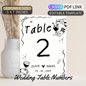 Modelo de números de mesa de casamento desenhados à mão, números de mesa modernos, sinal de números de mesa de recepção, decoração de casamento ilustrada, mesa de casamento elegante