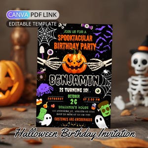 Griezelige pompoen Halloween verjaardagsfeest uitnodiging: Kinder Halloween kostuumfeest uitnodiging jongen, meisje digitaal skelet (bewerkbare Canva sjabloon)
