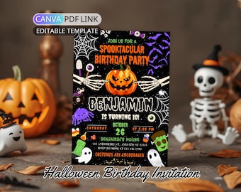 Spooky Pumpkin Halloween Birthday Party Invitation: Kid Halloween Costume Party Invite Boy, Girl Digital Skeleton (Editable Canva Template)