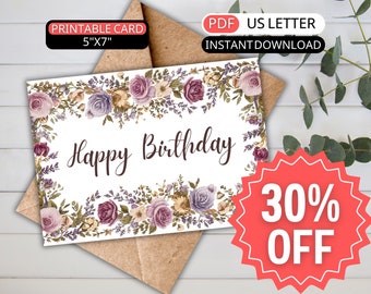 Watercolor Elegant Flower Birthday Card for Her Printable Happy Birthday Card Purple Greeting Card Birthday Grandma for Birthday Mothers Day