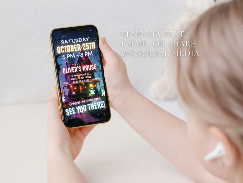 Editable Neon Halloween Party Invitation Video Animated Spooky Costume Birthday Invite Kid Digital Halloween Canva Template