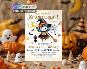 Witch Halloween Birthday Invitation Spooky Halloween Birthday Party Invite Digital Girl Halloween Costume Party Invite Kid Daughter Editable