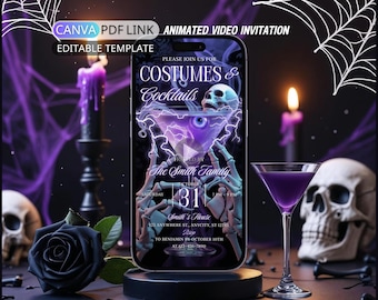 Skeleton Halloween Party Invitation Video Canva Animated Spooky Halloween Invite Digital Adult Halloween Costume and Cocktail Party Editable