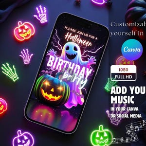 Spooky Neon Halloween Party Invitation Video Editable Costume Birthday Invite Animated Digital Halloween Canva Template for Kids