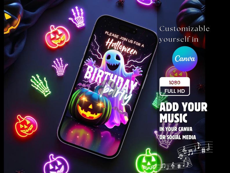 Spooky Neon Halloween Party Invitation Video Editable Costume Birthday Invite Animated Digital Halloween Canva Template for Kids