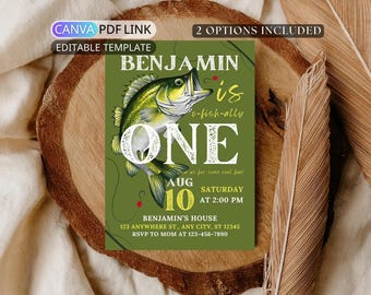 Invitación de primer cumpleaños de pesca de lubina: Ofishally One Birthday Invite Boy Girl Theme Fishing Party Invitation Digital Editable Canva