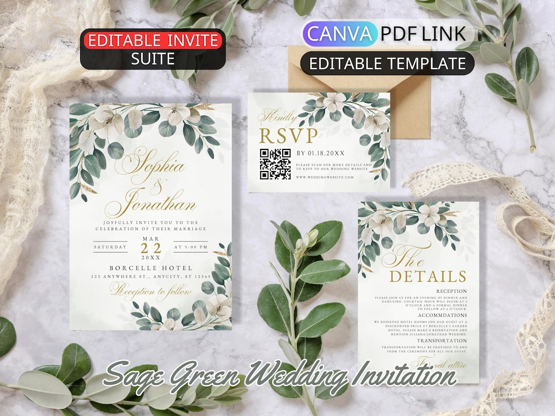 Sage Green Wedding Invitation Suite Template Canva: Greenery Wedding ...