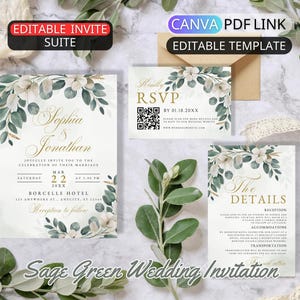 Sage Grün Hochzeitseinladungs-Vorlage Canva Greenery Hochzeit einladen Digitale Elegante Hochzeit einladen Bündel Rsvp QR Code Karte Bearbeitbar