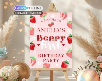 Beeren-Willkommensschild zum ersten Geburtstag: Digitales Erdbeer-Willkommensschild für Mädchen zum 1. Geburtstag (bearbeitbar)