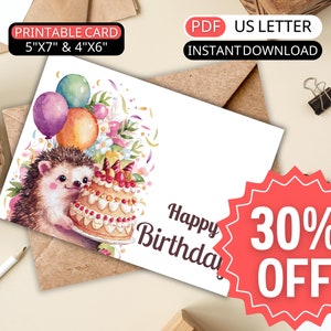 Cartão de aniversário de ouriço em aquarela para sua filha, cartão de feliz aniversário para impressão, lindo cartão de felicitações animal com bolo, aniversário, dia das mães