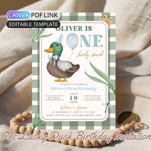 One Lucky Duck First Birthday Invitation Boy Mallard Duck Birthday Party Invite Template Editable Green Gingham 1st Birthday Invite Digital