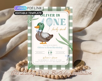 One Lucky Duck First Birthday Invitation Boy Mallard Duck Birthday Party Invite Template Editable Green Gingham 1st Birthday Invite Digital