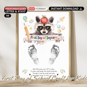 Baby First Day of Daycare Footprint Craft Toddler Printable First Day of School Raccoon Footprint Art Keepsake Poem Back to School Activity