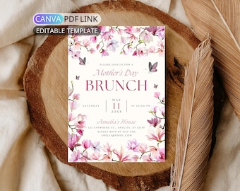 Floral Mothers Day Brunch Invitation: Flower Mother's Day Invite Digital Pink Magnolia Party Invite, Spring Party (Editable Canva Template)
