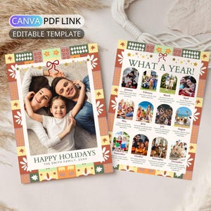 Colorful Patchwork Christmas Photo Card Template: Retro Year in Review Holiday Card for Family Christmas Card Photo Collage Editable Canva