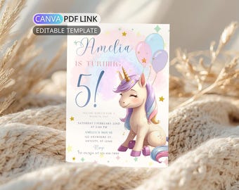 Pastel Unicorn Birthday Invitation Template: Rainbow Unicorn Party Invite for Girl Kid Magical Birthday Party Invite Digital Canva Editable
