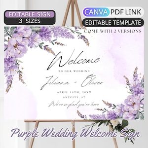 ラベンダーの花のウェディングウェルカムサインテンプレート 紫のウェディングウェルカムサイン 花 ライラック ウェルカムサイン ガーデンパーティー ウェディングデコレーション エレガントなCanva
