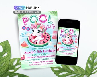 Invitation d'anniversaire de fête de piscine de licorne : Invitation de fête d'anniversaire de natation Invitation d'anniversaire d'été de natation numérique de fille (modèle modifiable de toile)