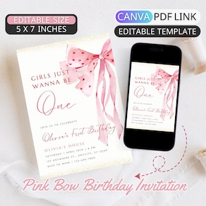 Girls Just Wanna Be One Birthday Invitation Template Coquette Pink Bow First Birthday Invite Digital Girl 1st Birthday Party Invite Editable